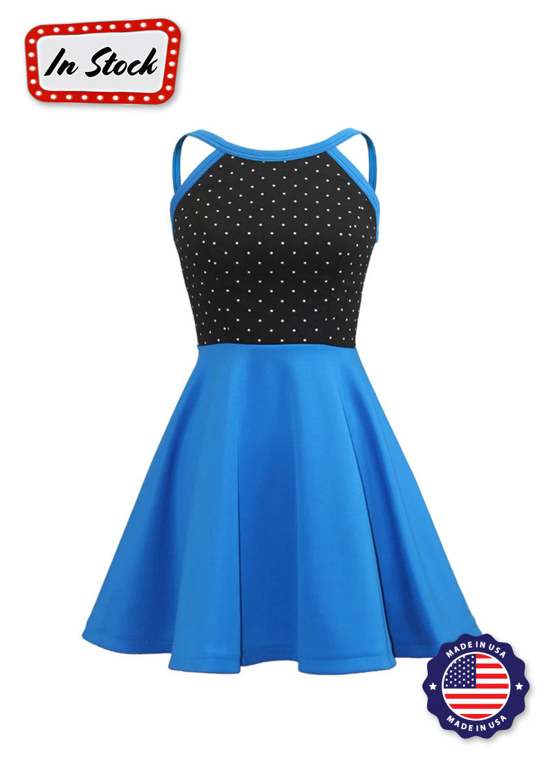 White Pin Dot on Black Bodice/ Royal Knit Show Choir Dress Front View