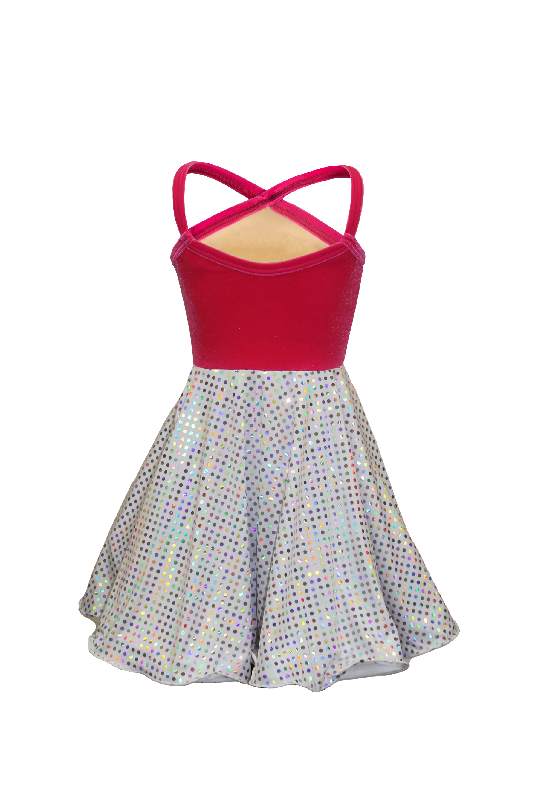 Hot Pink Str. Velvet / White Silver Laser Dot Sequin Show Choir Dress Back View