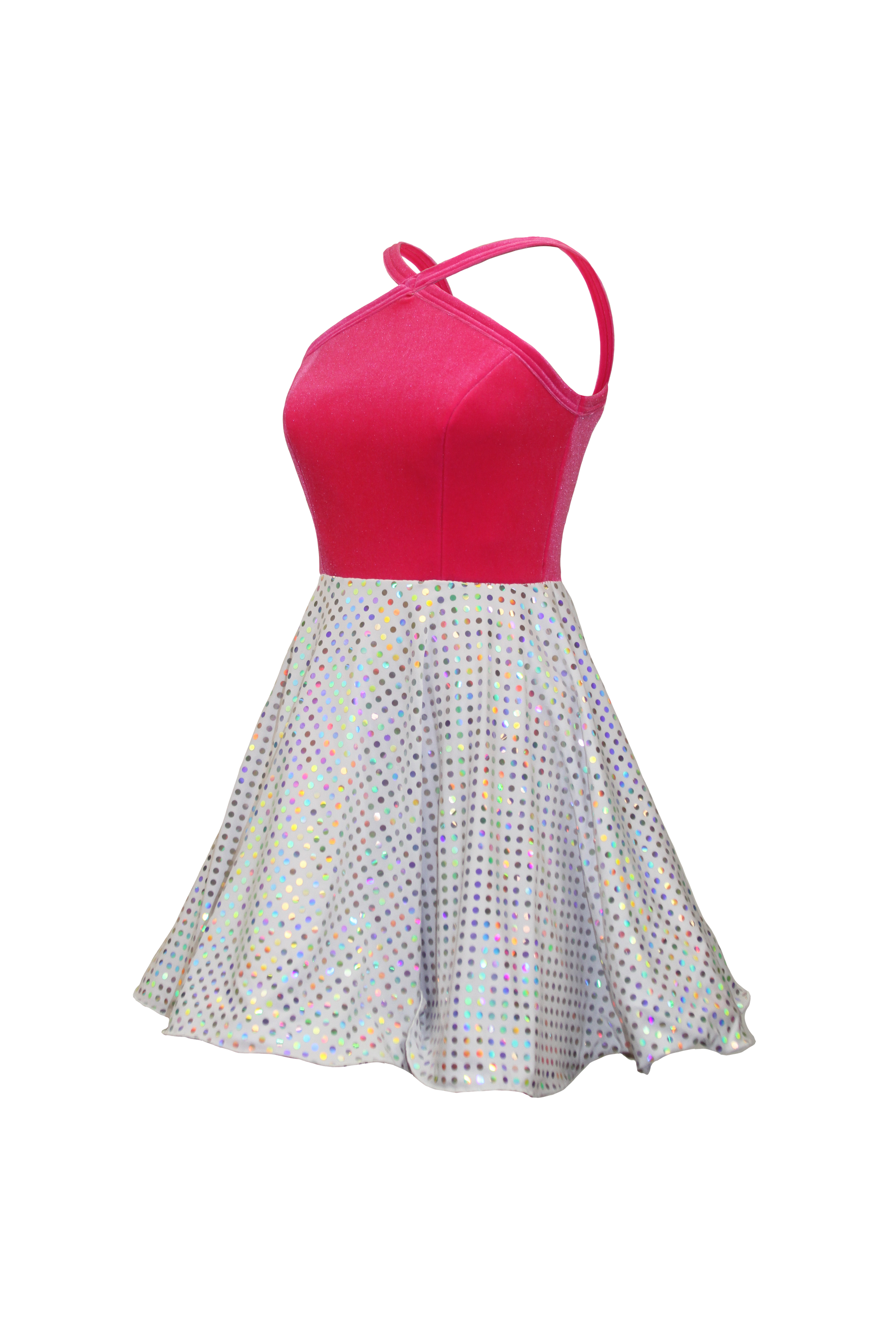 Hot Pink Str. Velvet / White Silver Laser Dot Sequin Show Choir Dress Side View