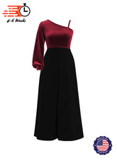 One-Shoulder Cuffed Long Sleeve Stretch Velvet Top/ Black Crepe Knit Palazzo Pant Jumpsuit