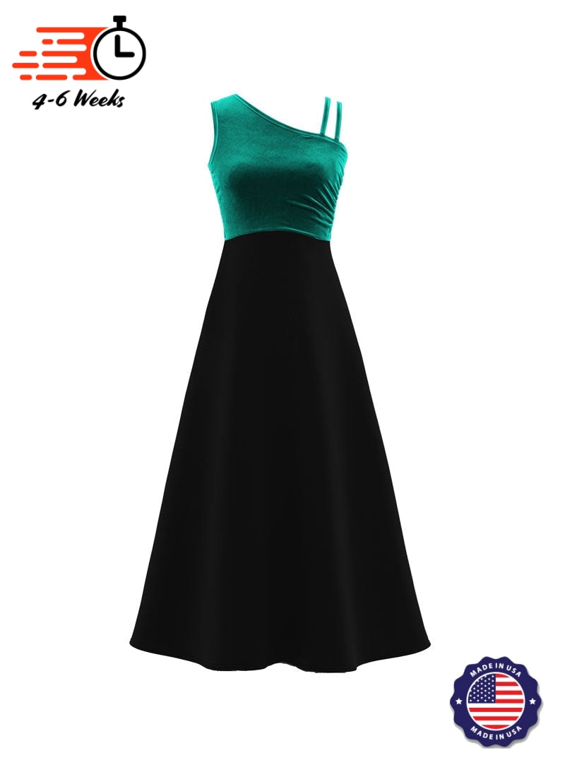 One-Shoulder Sleeveless Stretch Velvet Top / Black Crepe Knit Gown L- / Jade