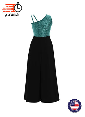 One-Shoulder Sleeveless Stretch Velvet Top / Black Crepe Knit Palazzo Pant Jumpsuit