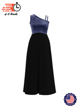 One-Shoulder Sleeveless Stretch Velvet Top / Black Crepe Knit Palazzo Pant Jumpsuit