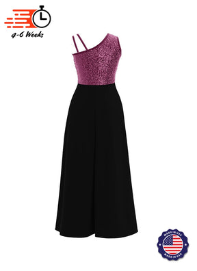 One-Shoulder Sleeveless Stretch Velvet Top / Black Crepe Knit Palazzo Pant Jumpsuit