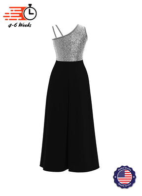 One-Shoulder Sleeveless Stretch Velvet Top / Black Crepe Knit Palazzo Pant Jumpsuit