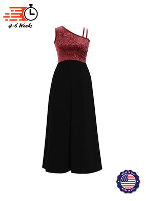 One-Shoulder Sleeveless Stretch Velvet Top / Black Crepe Knit Palazzo Pant Jumpsuit