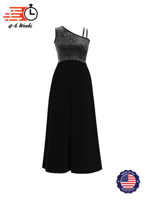One-Shoulder Sleeveless Stretch Velvet Top / Black Crepe Knit Palazzo Pant Jumpsuit