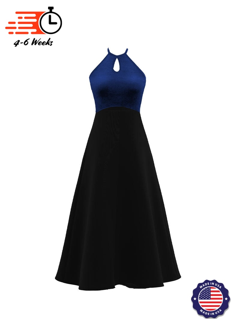 High Neck Keyhole Halter Stretch Velvet Top/ Black Crepe Knit Gown L- / Navy