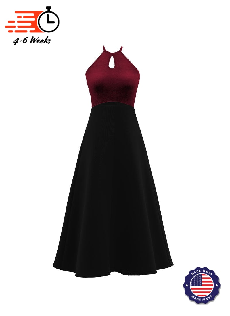 sachin and babi light blue dress High Neck Keyhole Halter Stretch Velvet Top/ Black Crepe Knit Gown M- / Burgundy