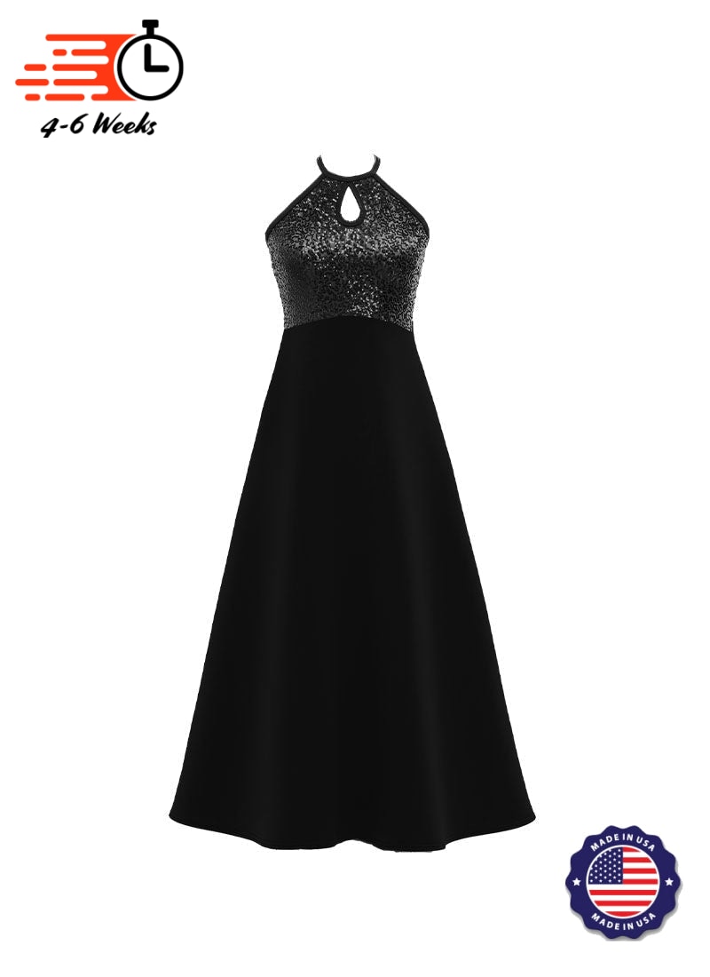 High Neck Keyhole Halter Stretch Sequin Top/ Black Crepe Knit Gown - ShowChoirDresses.com High Neck Keyhole Halter Stretch Sequin Top/ Black Crepe Knit Gown - ShowChoirDresses.com