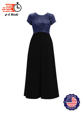 Jewel Neck V-Back Neck Short Sleeve Stretch Sequin Top/ Black Crepe Knit Palazzo Pant Jumpsuit
