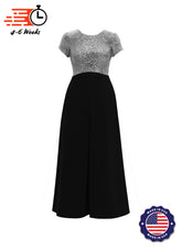 Jewel Neck V-Back Neck Short Sleeve Stretch Sequin Top/ Black Crepe Knit Palazzo Pant Jumpsuit