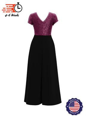 Jewel Neck V-Back Neck Short Sleeve Stretch Sequin Top/ Black Crepe Knit Palazzo Pant Jumpsuit