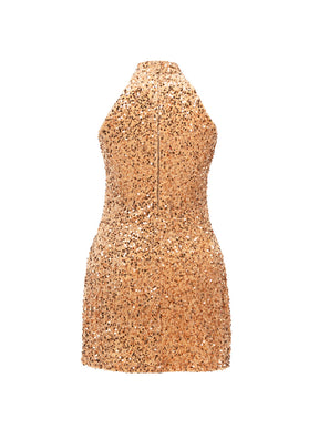 Tan - Tan Velvet Sequin High Neck A-Line SHIFT Show Choir Dress - Ships 4 to 6 Weeks