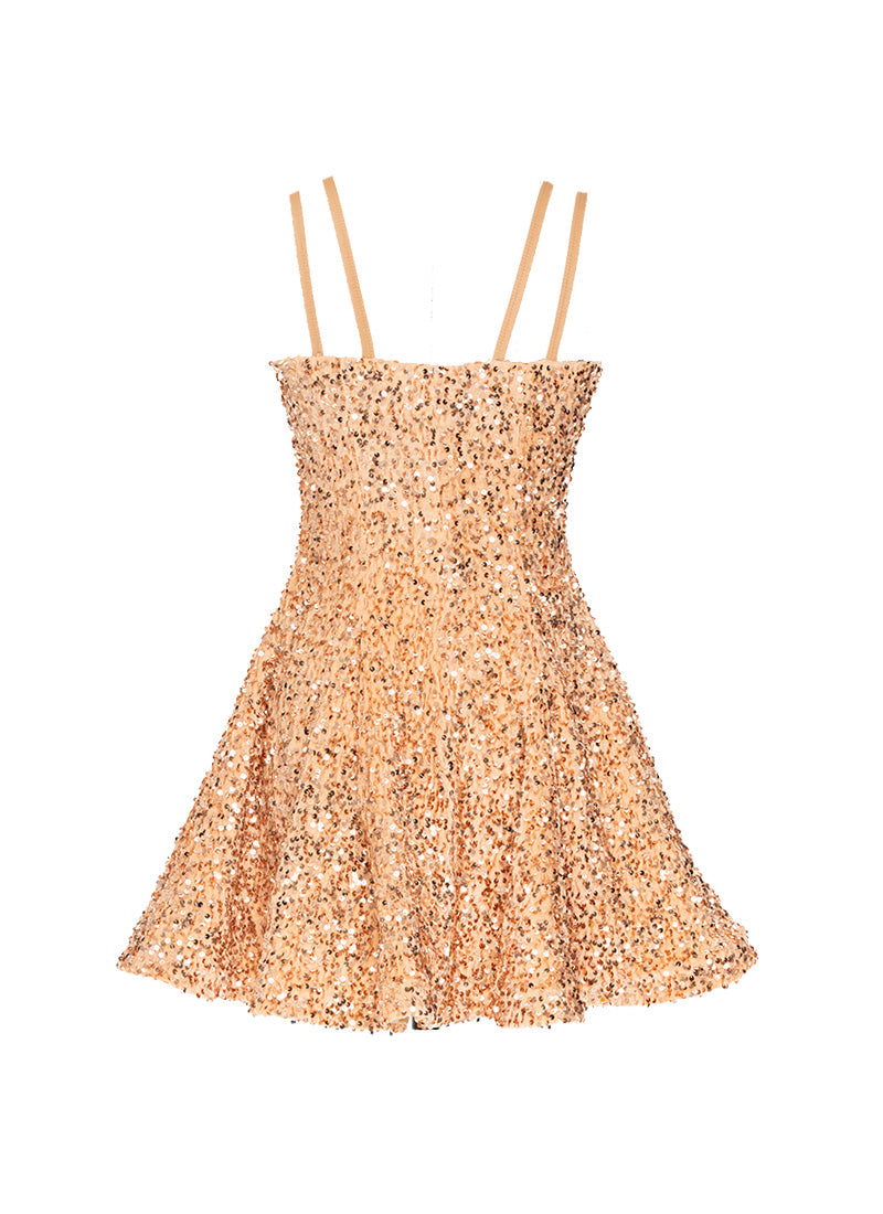 Tan - Tan Velvet Sequin Classic Square Neckline Princess Seam Show Choir Dress - Ships 4 to 6 weeks