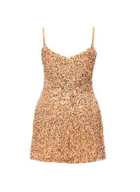 Tan - Tan Velvet Sequin V-Neck A-Line SHIFT Show Choir Dress - Ships 4 to 6 Weeks