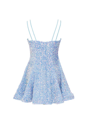 Sky Blue - Clear Iridescent Velvet Sequin Classic Square Neckline Princess Seam Show Choir Dress - Ships 4 to 6 weeks