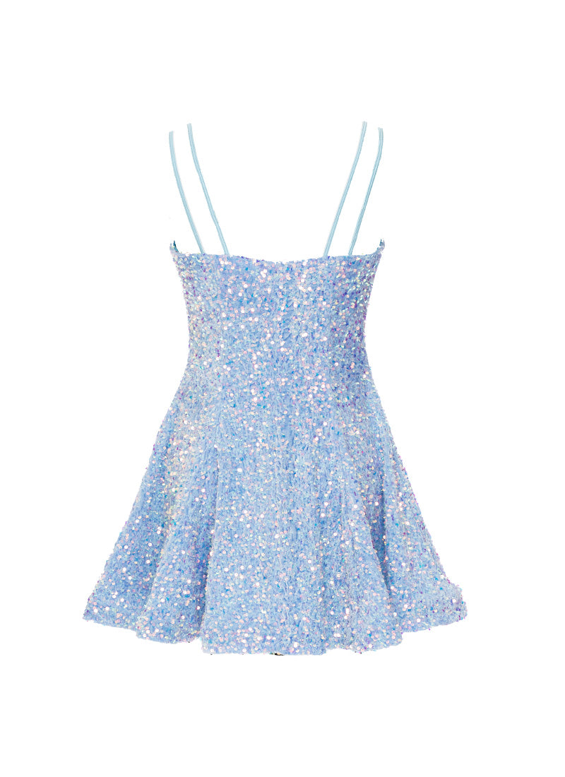 Sky Blue - Clear Iridescent Velvet Sequin Classic Square Neckline Princess Seam Show Choir Dress - Ships 4 to 6 weeks