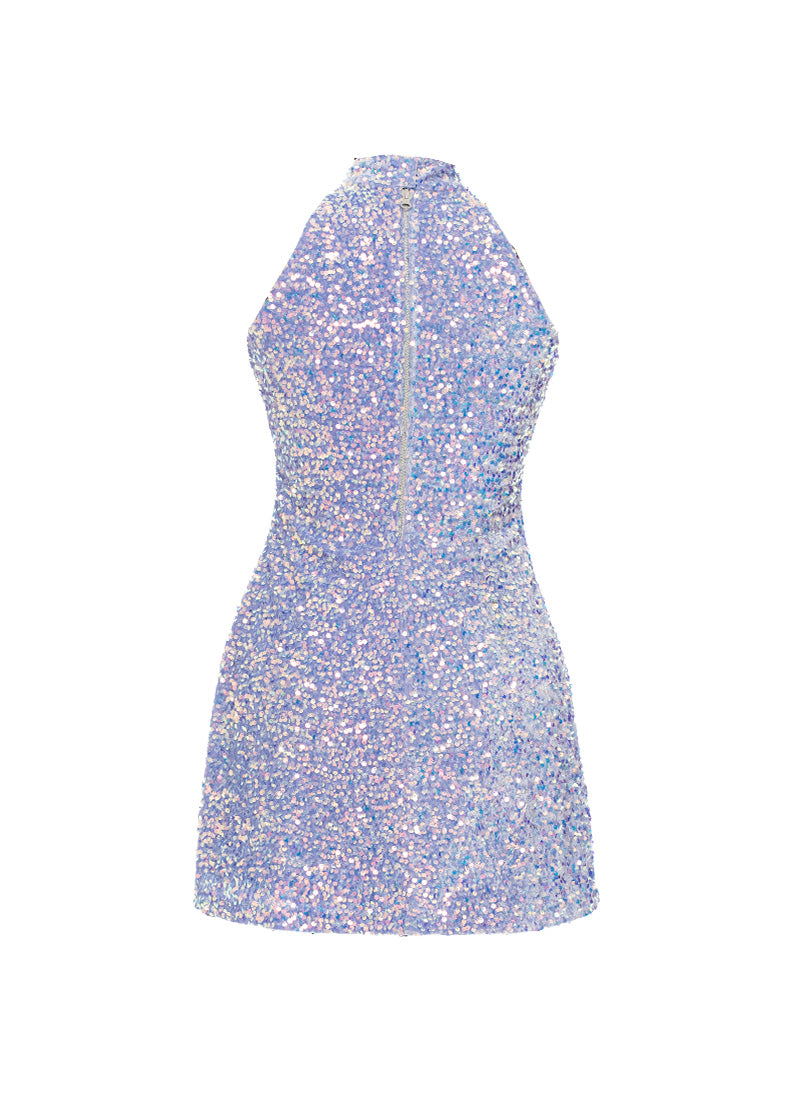 Lilac - Clear Iridescent Velvet Sequin High Neck A-Line SHIFT Show Choir Dress - Ships 4 to 6 Weeks