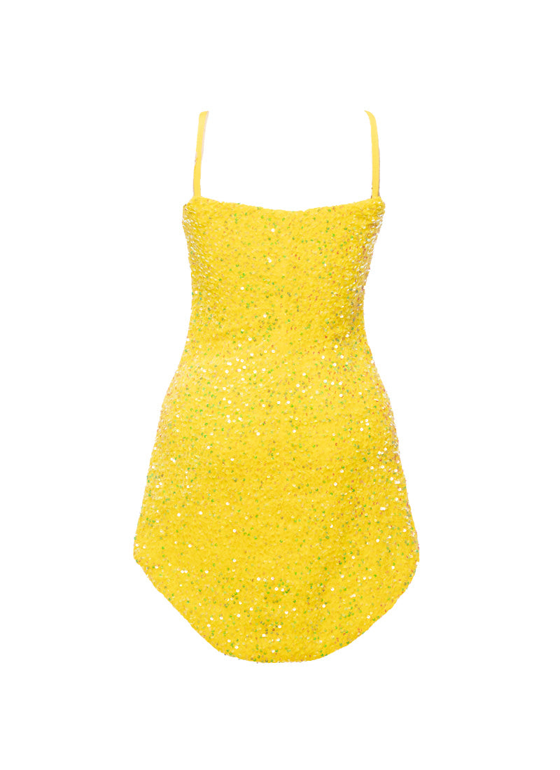 Lemon - Clear Iridescent Sequin V-Neck/V-Hem A-Line SHIFT Show Choir Dress - Ships 4 to 6 Weeks