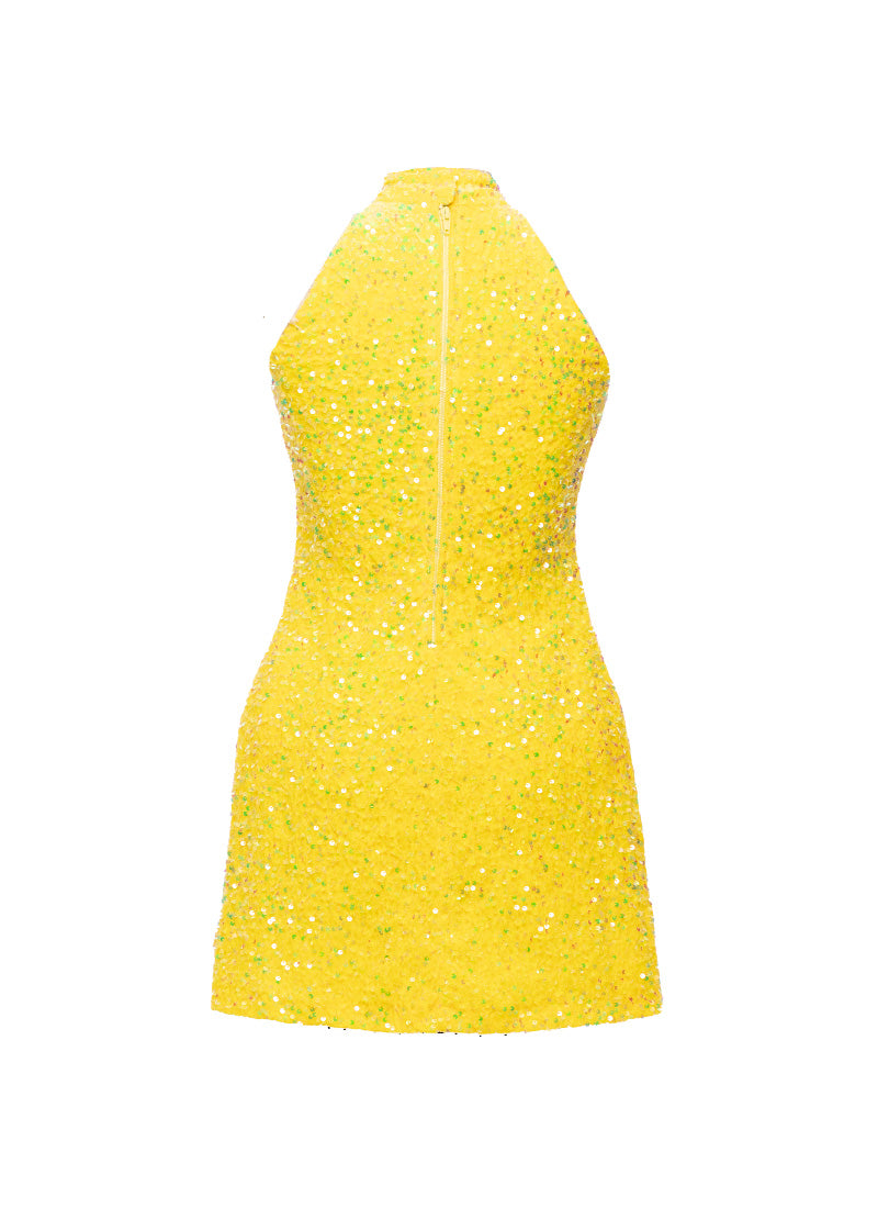 Lemon Velvet Iridescent Sequin High Neck A-Line SHIFT Show Choir Dress Back