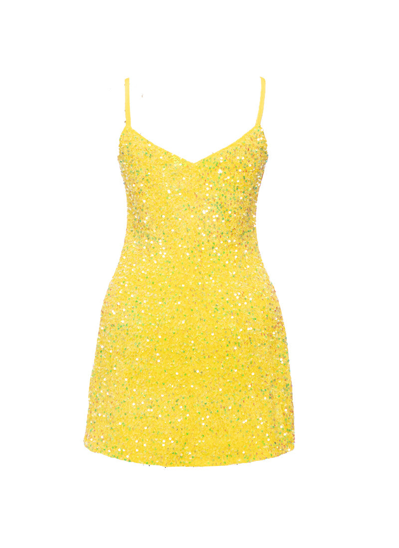 Lemon Velvet Iridescent Sequin V-Neck A-Line SHIFT Show Choir Dress Back