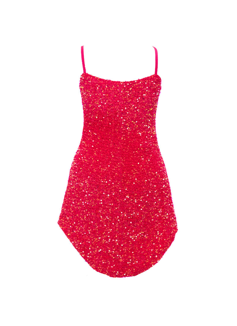Hot Pink - Hot Pink Iridescent Sequin V-Neck/V-Hem A-Line SHIFT Show Choir Dress - Ships 4 to 6 Weeks