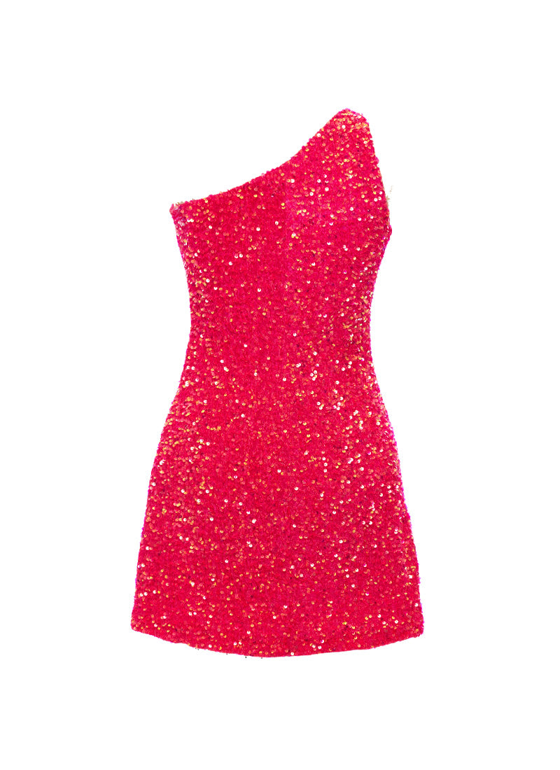 Fuchsia Velvet Iridescent Sequin One Shoulder A-Line SHIFT Show Choir Dress Back