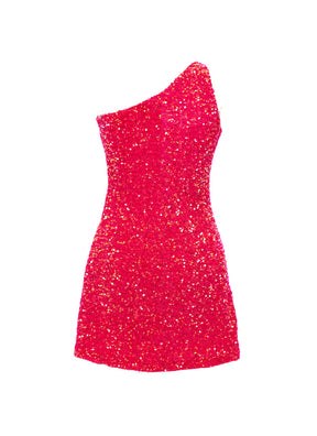 Hot Pink - Hot Pink Iridescent Velvet Sequin One Shoulder A-Line SHIFT Show Choir Dress - Ships 4 to 6 Weeks