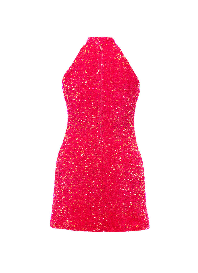Fuchsia Velvet Iridescent Sequin High Neck A-Line SHIFT Show Choir Dress Back