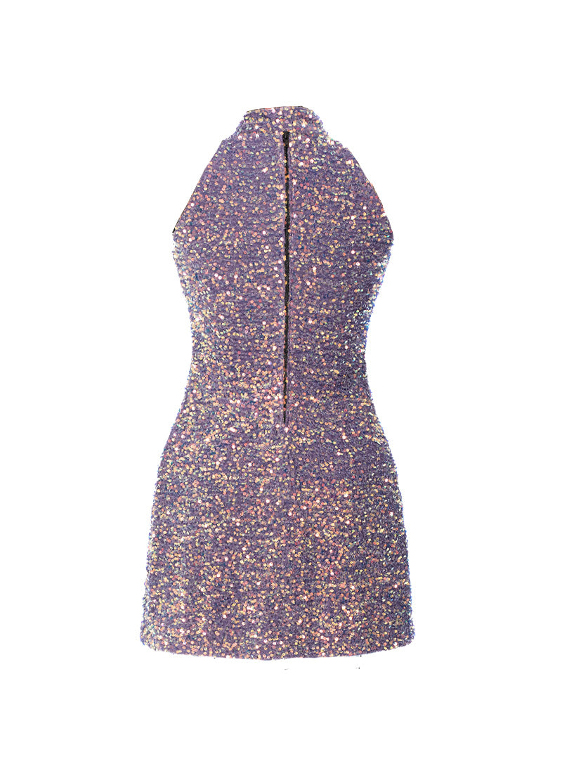 Dusty Lilac Velvet Iridescent Sequin High Neck A-Line SHIFT Show Choir Dress Back