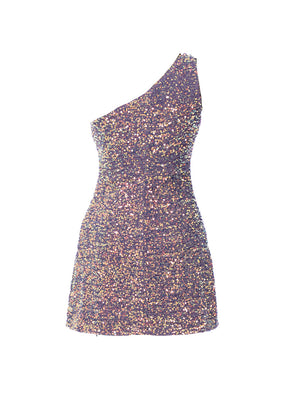 Lavender - Clear Iridescent Velvet Sequin One Shoulder A-Line SHIFT Show Choir Dress - Ships 4 to 6 Weeks