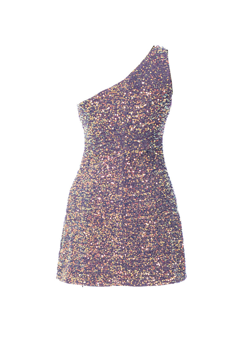 Lavender - Clear Iridescent Velvet Sequin One Shoulder A-Line SHIFT Show Choir Dress - Ships 4 to 6 Weeks