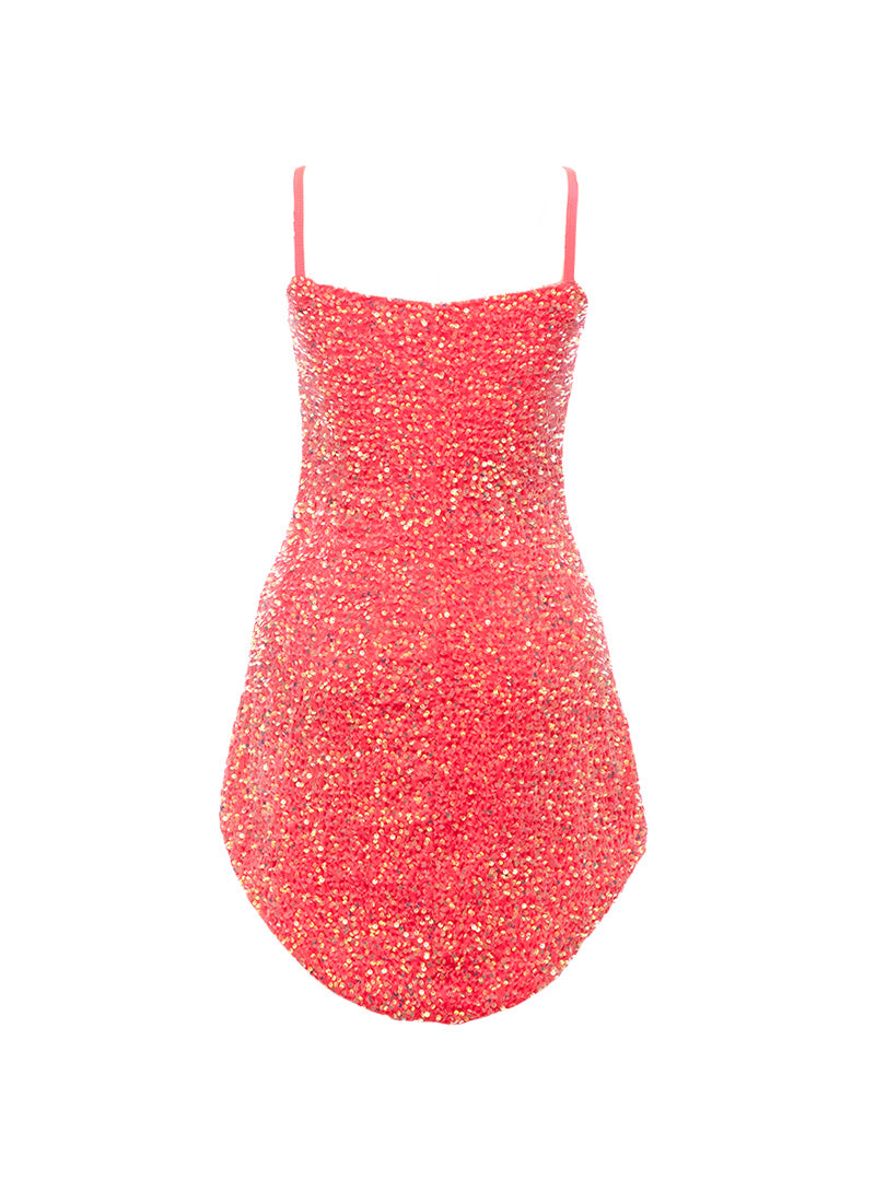 Coral Velvet Iridescent Sequin V-Neck/V-Hem A-Line SHIFT Show Choir Dress Back