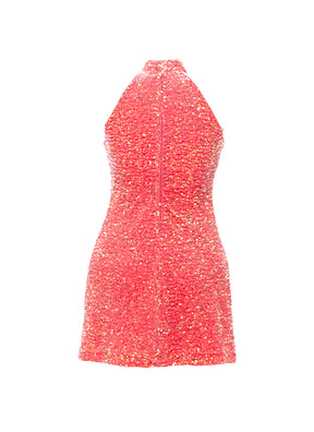 Coral - Clear Iridescent Velvet Sequin High Neck A-Line SHIFT Show Choir Dress - Ships 4 to 6 Weeks