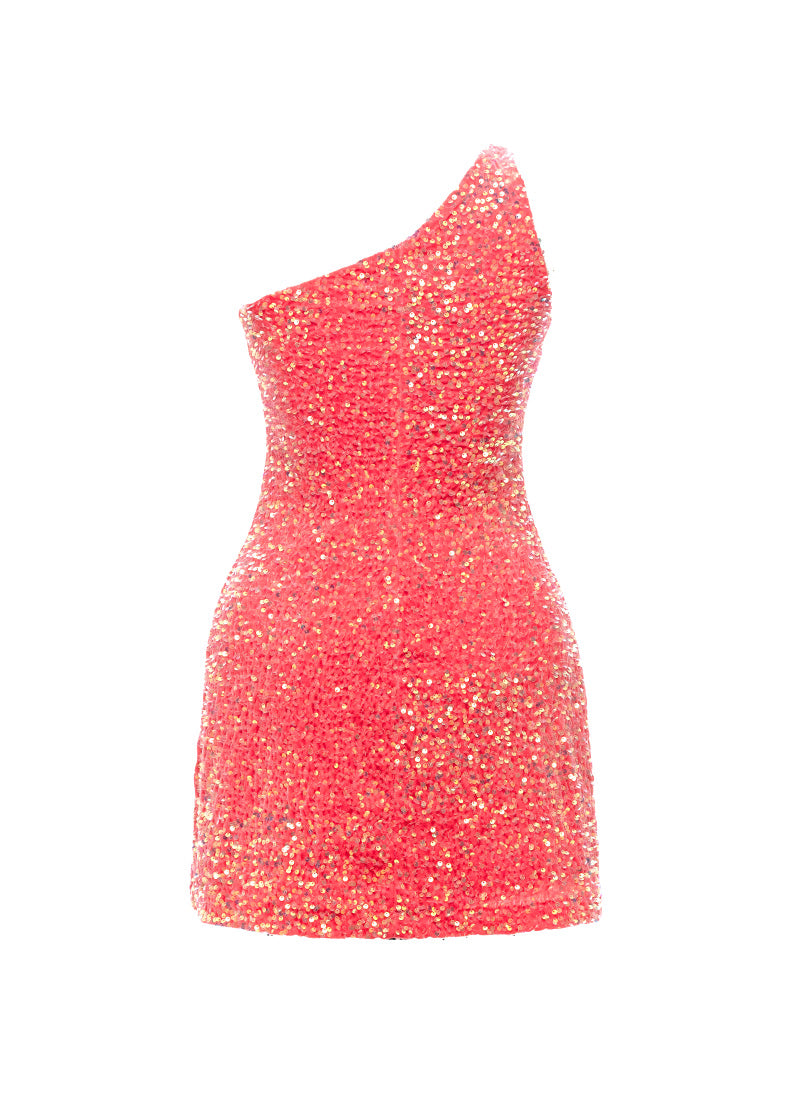 Coral Velvet Iridescent Sequin One Shoulder A-Line SHIFT Show Choir Dress Back