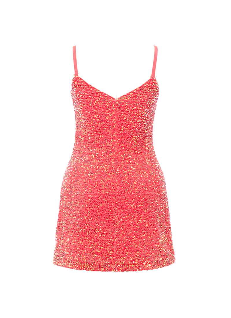 Coral Velvet Iridescent Sequin V-Neck A-Line SHIFT Show Choir Dress Back