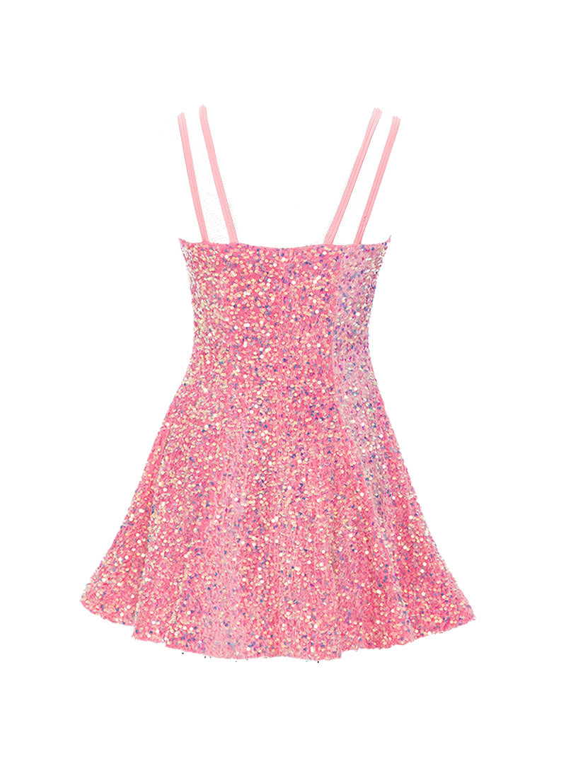 Candy Pink - Clear Iridescent Velvet Sequin Classic Square Neckline Princess Seam Show Choir Dress - Ships 4 to 6 weeks