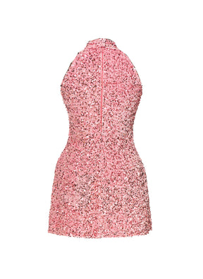 Candy Pink - Candy Pink Velvet Sequin High Neck A-Line SHIFT Show Choir Dress - Ships 4 to 6 Weeks