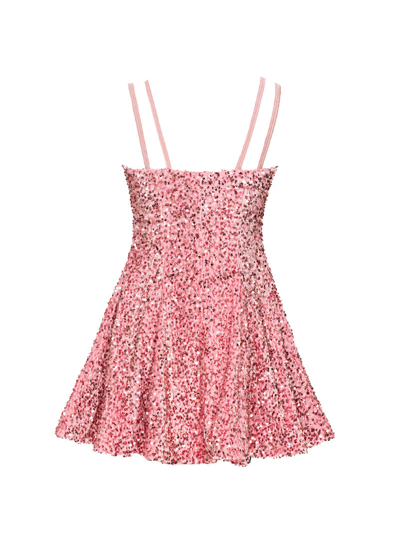 Candy Pink Velvet Sequin Classic Square Neckline Princess Seam Show Choir Dress Back