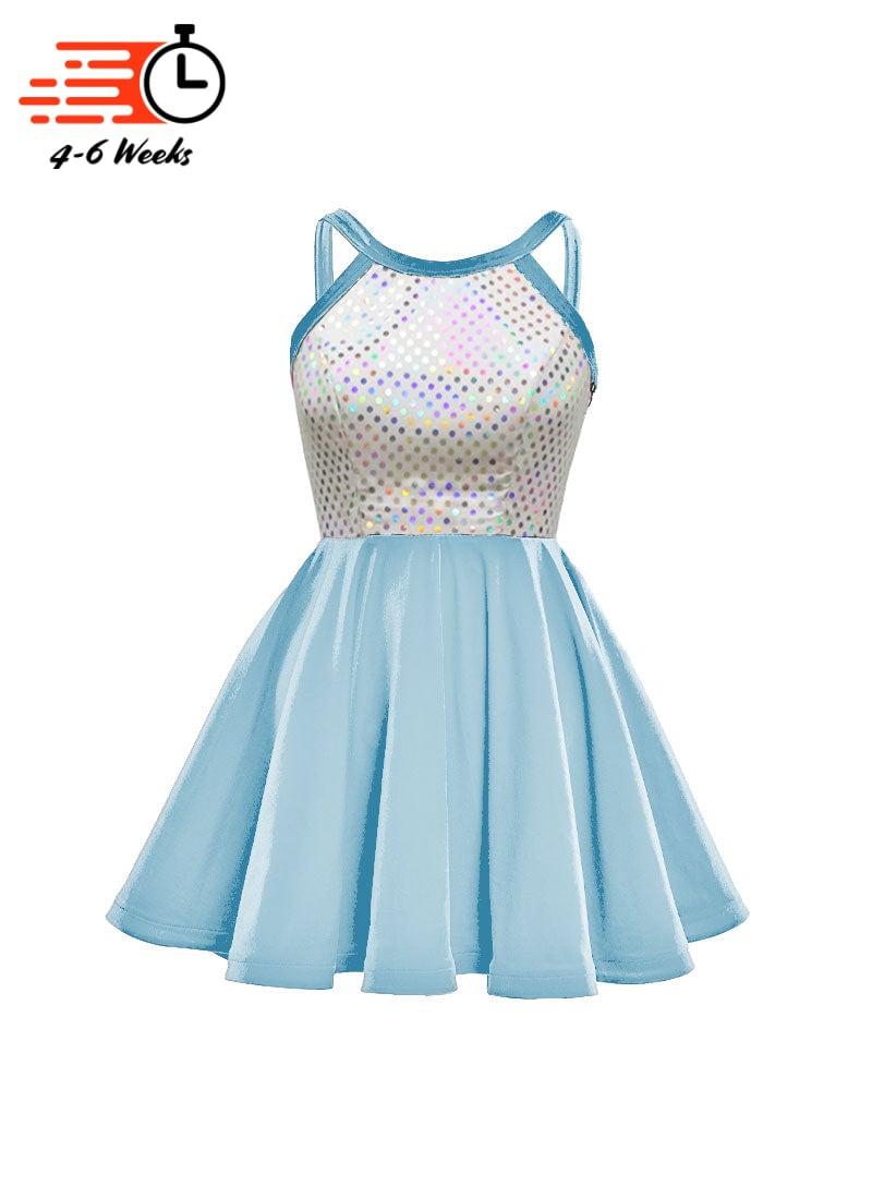 White/Silver Laser Dot & Velvet Show Choir Dress - Blues - Ships 4 to 6 weeks Sky Blue / 2XS - White/Silver Laser Dot & Velvet Show Choir Dress - Blues - Ships 4 to 6 weeks Sky Blue / 2XS -