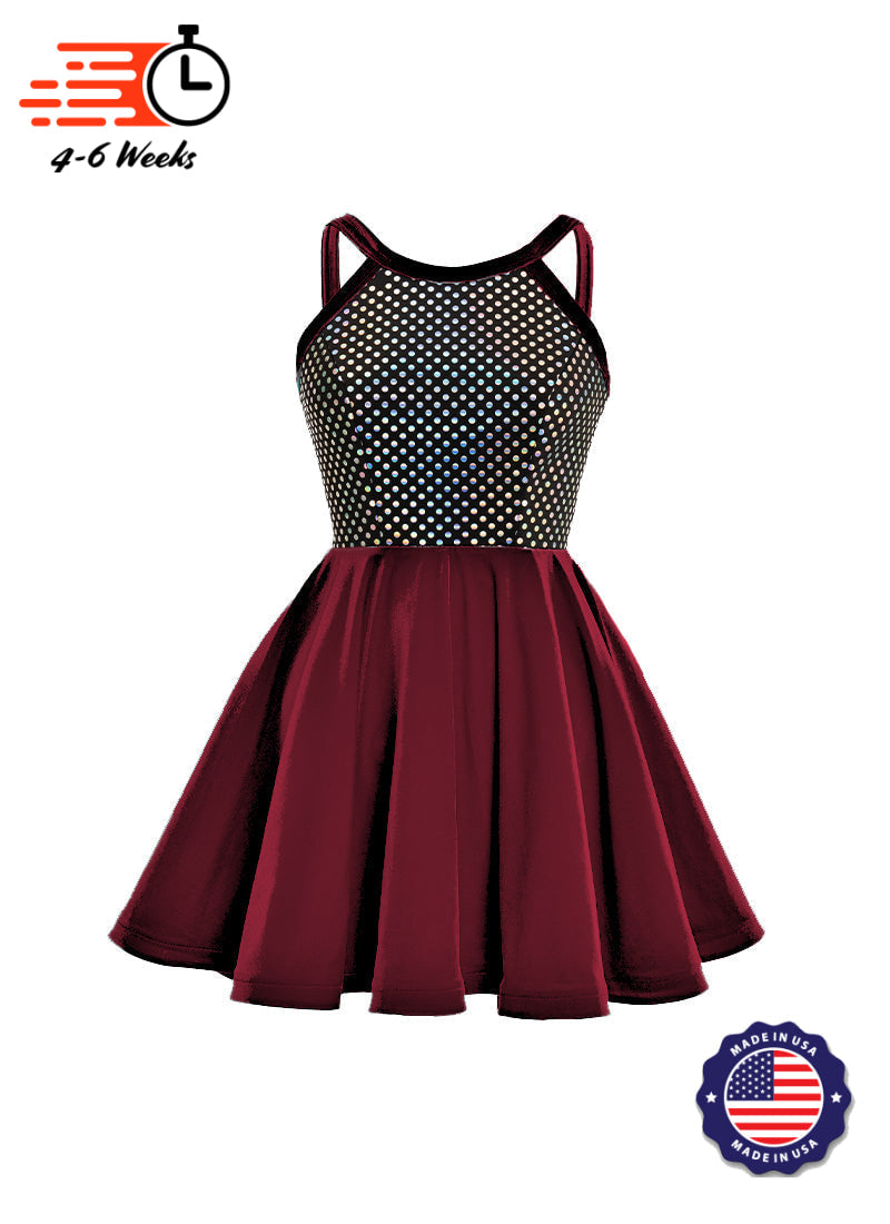 Black/Silver Laser Dot & Velvet Show Choir Dress - Reds & Oranges - Ships 4 to 6 weeks Burgundy / L - Black/Silver Laser Dot & Velvet Show Choir Dress - Reds & Oranges - Ships 4 to 6 weeks Burgundy / L -