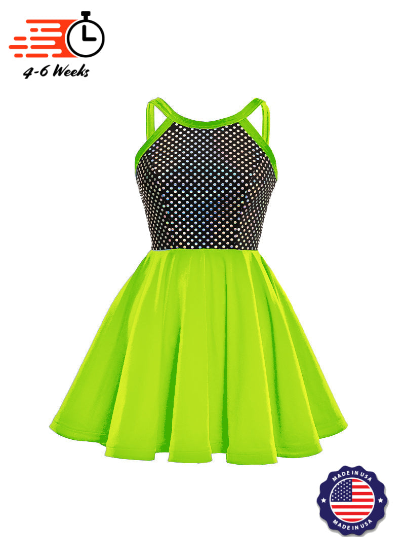 Black/Silver Laser Dot & Velvet Show Choir Dress - Yellows and Greens - Ships 4 to 6 weeks Lime / XS - Black/Silver Laser Dot & Velvet Show Choir Dress - Yellows and Greens - Ships 4 to 6 weeks Lime / XS -