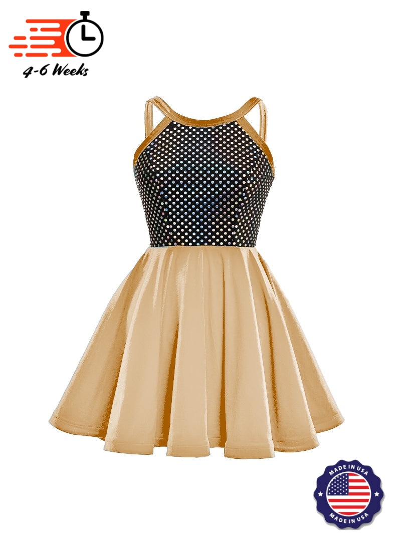 Black/Silver Laser Dot & Velvet Show Choir Dress - Neutrals and Black - Ships 4 to 6 weeks Tan / S - Black/Silver Laser Dot & Velvet Show Choir Dress - Neutrals and Black - Ships 4 to 6 weeks Tan / S -