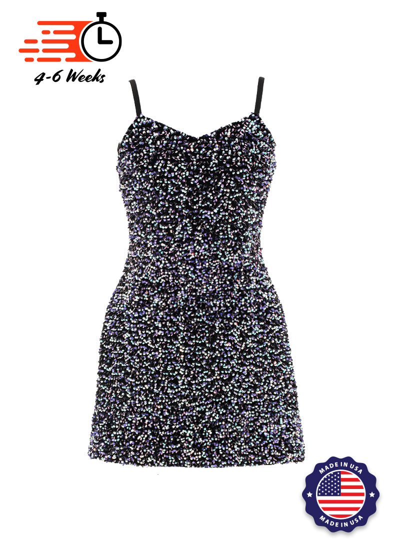 Black - Cool White Velvet Sequin V-Neck A-Line SHIFT Show Choir Dress - Ships 4 to 6 Weeks