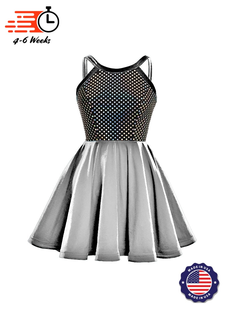 Black/Silver Laser Dot & Velvet Show Choir Dress - Neons and Metallics - Ships 4 to 6 weeks Silver / XL - Black/Silver Laser Dot & Velvet Show Choir Dress - Neons and Metallics - Ships 4 to 6 weeks Silver / XL -