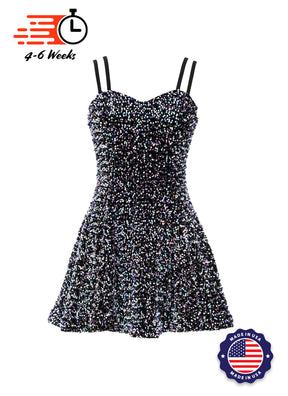 Black - Cool White Velvet Sequin Classic Square Neckline Princess Seam Show Choir Dress - Ships 4 to 6 weeks