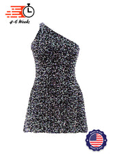 Black - Cool White Velvet Sequin One Shoulder A-Line SHIFT Show Choir Dress - Ships 4 to 6 Weeks