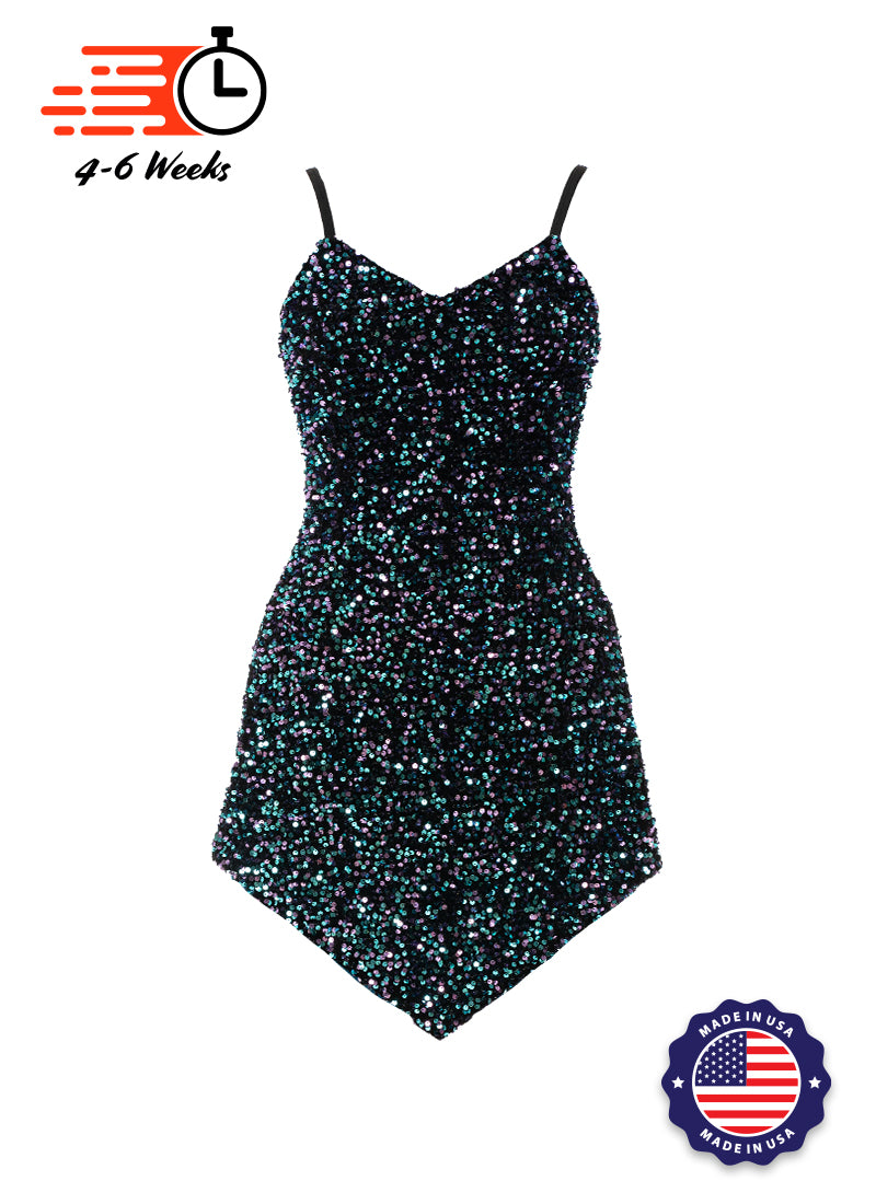 Black - Black, Teal and Purple Velvet Sequin V-Neck/V-Hem A-Line SHIFT Show Choir Dress - Ships 4 to 6 Weeks