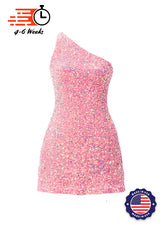 Candy Pink - Clear Iridescent Velvet Sequin One Shoulder A-Line SHIFT Show Choir Dress - Ships 4 to 6 Weeks